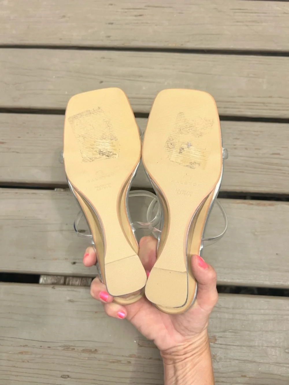 Halston Heritage Silver Clear Strap Block Heel Sandals | Size US 6.5 / EU 37